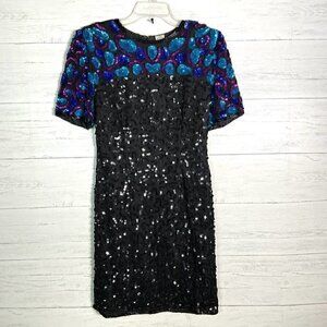 Vintage Stenay 100% Silk Black Sequin Beaded Evening Party Formal Dress